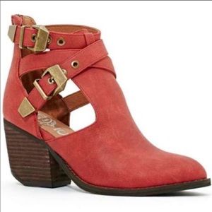 Jeffrey Campbell Red Ankle Boots with Gold Buckles